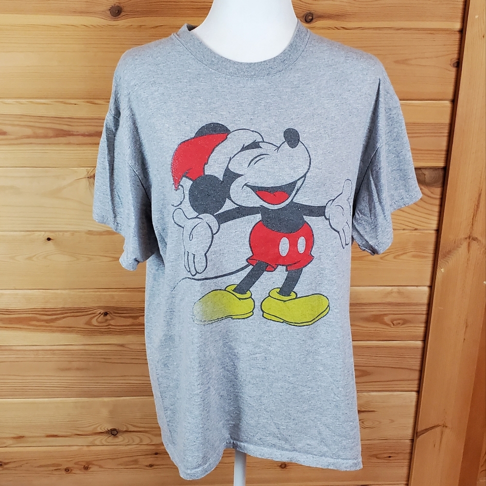 Disney‎ Santa Mickey Mouse Gray T-Shirt Size Large